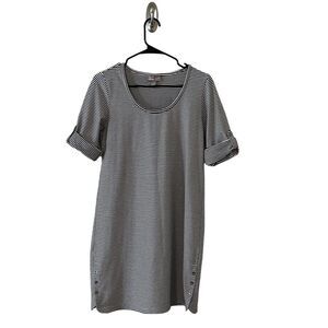 J Jill Perfect Pima Cotton 3/4 Button Up Sleeve Black White Stripe Dress S Petit
